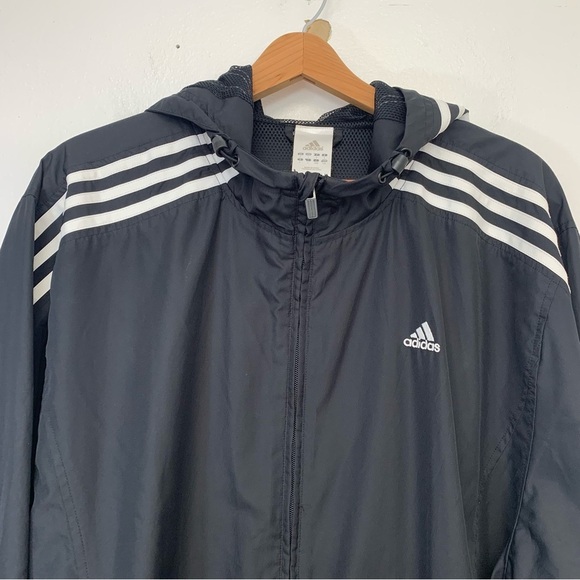 Adidas Windbreaker Jacket Men Large Black White Stripes Hood Pockets Track Y2K - Picture 2 of 11
